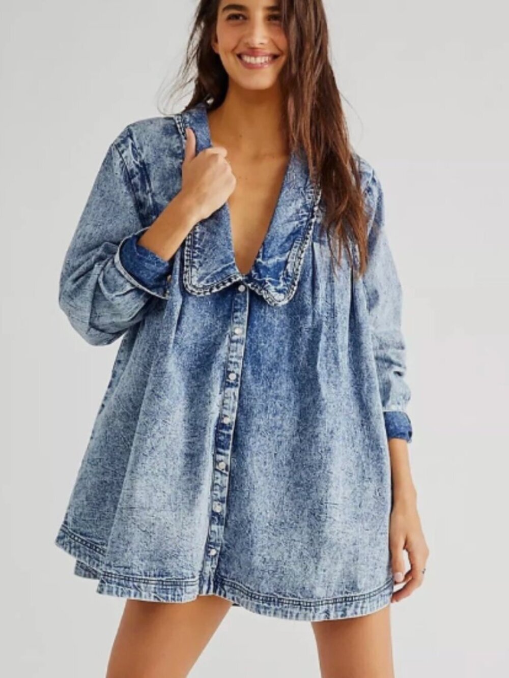 Free People Ruffle Collar Denim Swing Blouse